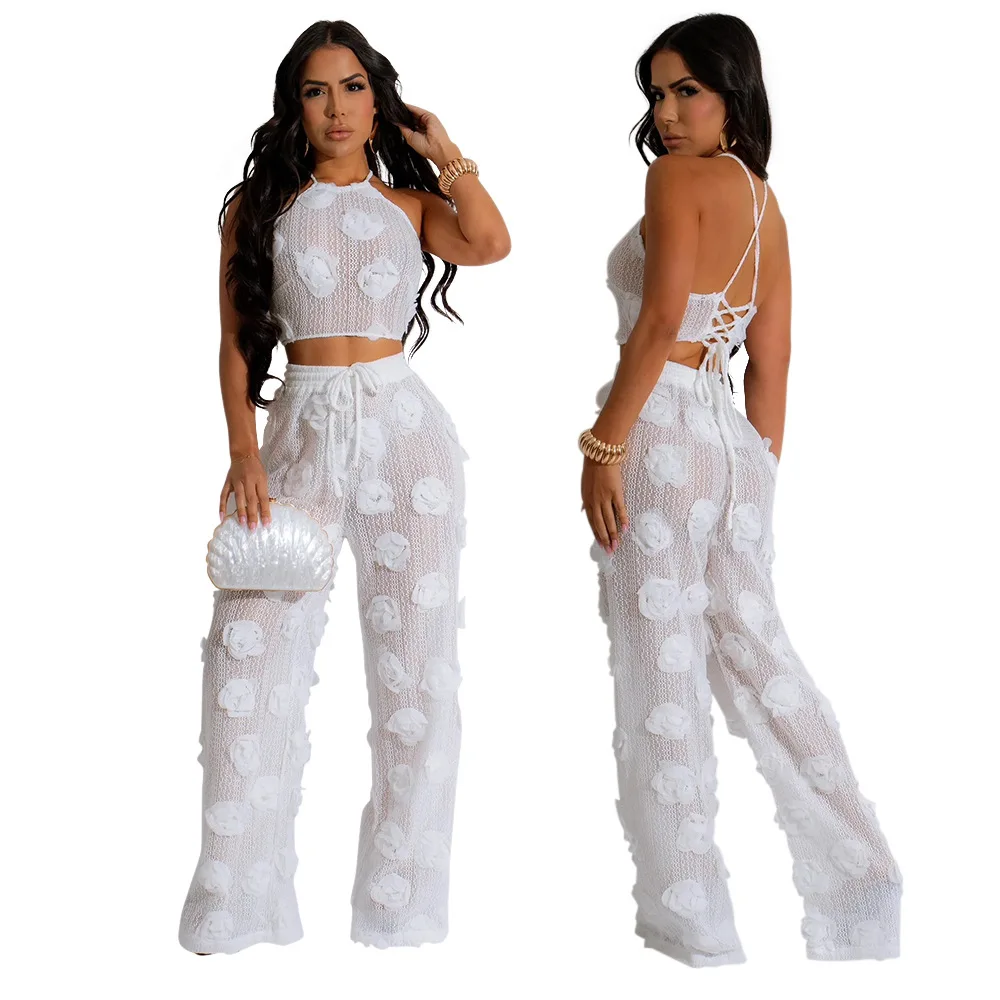 

2024 Summer Mesh Sheer Solid Floral Wave Ruffles 2 Piece Set Women Halter Lace Up Backless Crop Tops Drawstring Pants Beachwear