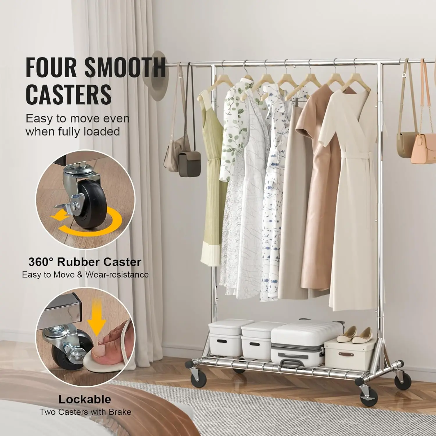 Perchero con ruedas, perchero resistente para ropa, perchero comercial para colgar ropa