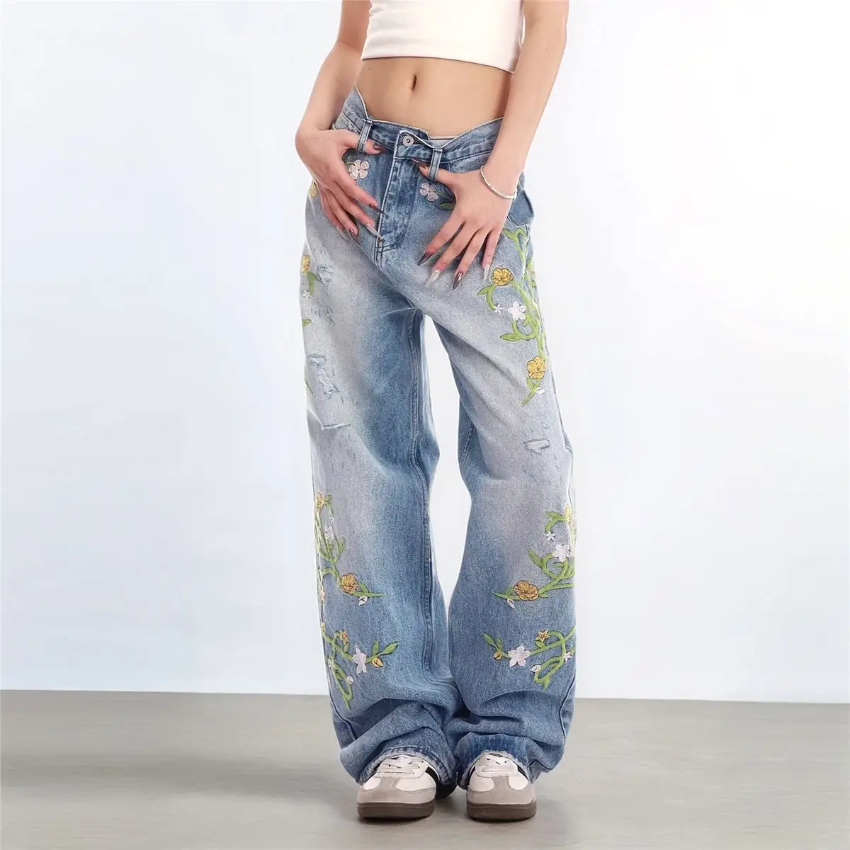 

Винтажные синие прямые джинсы с высокой талией и цветочной вышивкой, модные женские широкие мешковатые джинсовые брюки Y2K