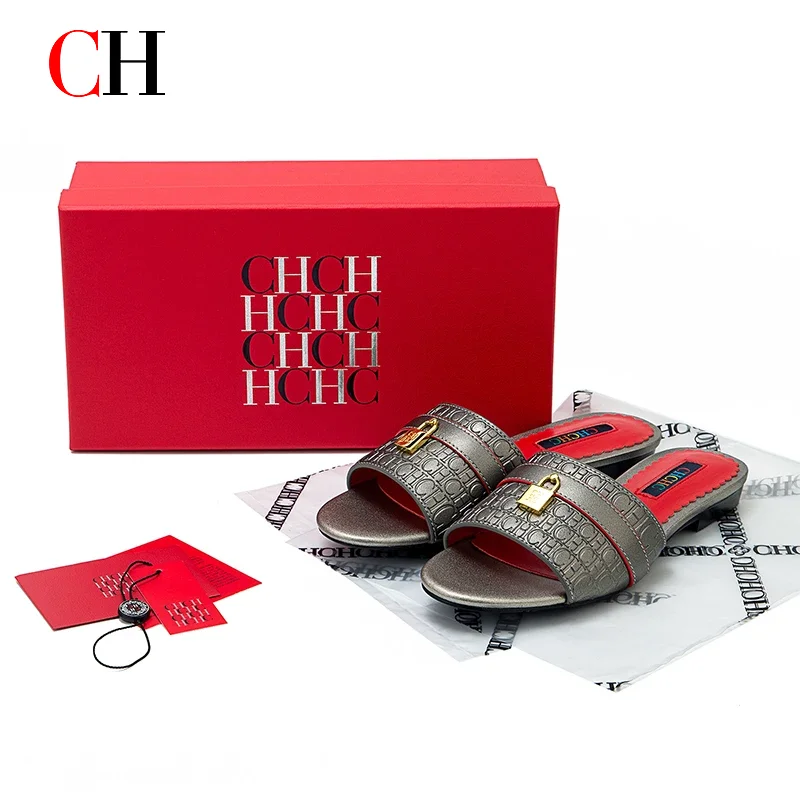 CH Fashion Letter Printed Lock Accessory Women's Low Heel Slippers 2026 New Style Solid Color High Quality Simple Single Shoe