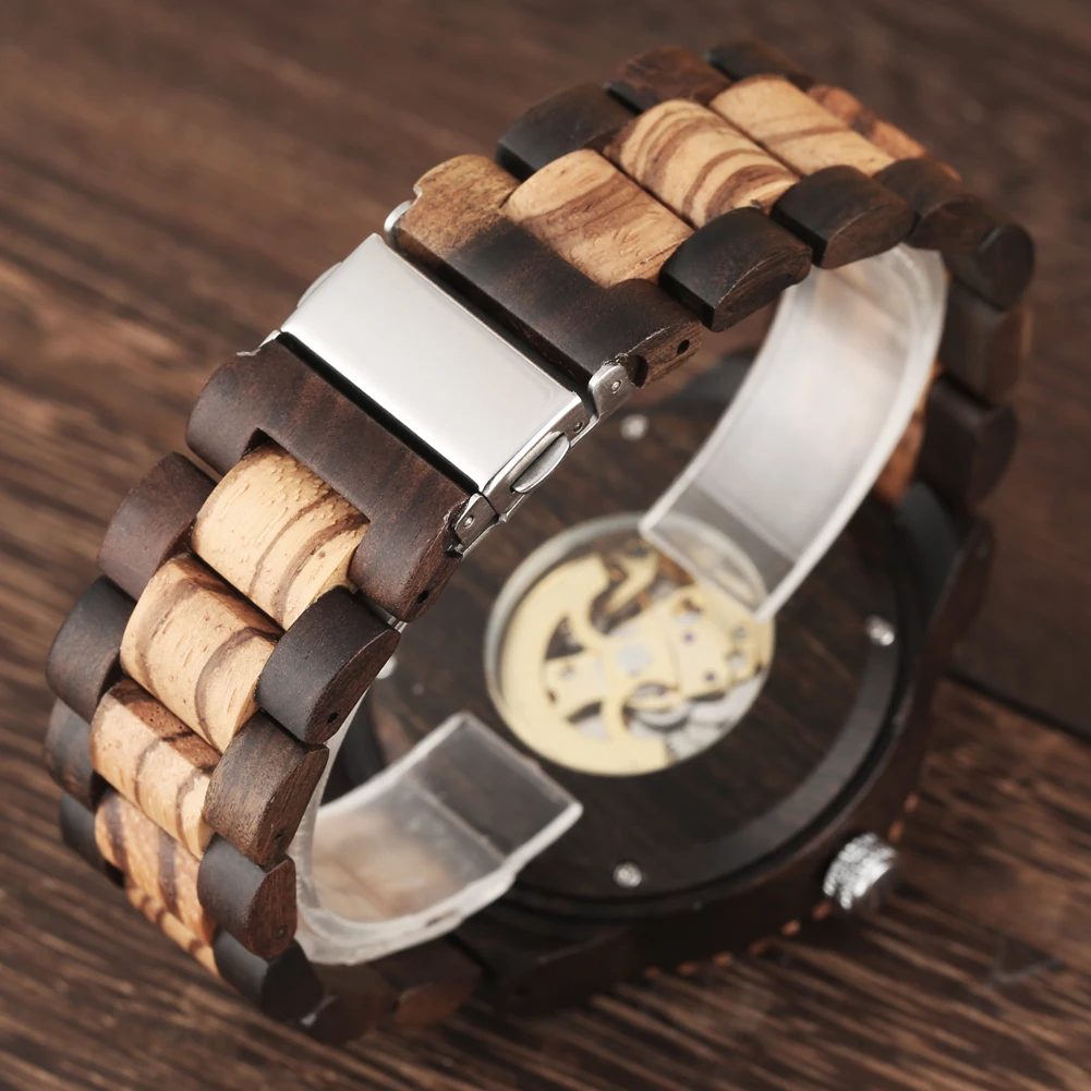 Mixed Wooden Automatic Mechanical Watch for Men Vintage Style Wooden Watch Band Bracelet Clasp Men's Wristwatches