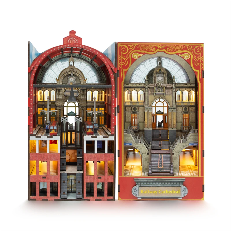DIY Book Nook Shelf Insert Kits Wooden Miniature Building Kit Railway Cathedral Bookend Assembled Bookshelf Home Decoration Gift