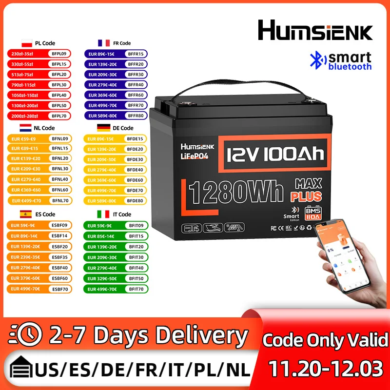 Humsienk LiFePO4 12V 100Ah batería con 110A BMS 8000 ciclos para RV/furgonetas/Camping/Pesca/Fuera de la red/Barco/Sistema Solar