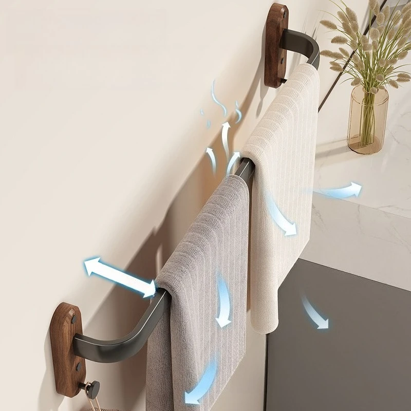 Walnut Wood Towel Rack, No-Drill Bathroom Storage Shelf, Integrated Bath Towel Hanging Rod for Toilet and Bath Towel Storage