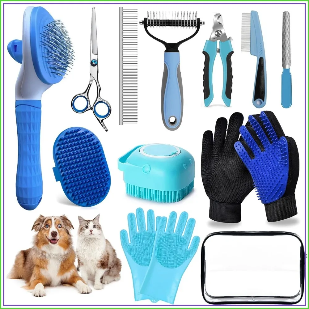 

Dog Brush for Shedding 13pcs Grooming Kit with Pet Nail Clipper - Bath Brush, Dematting Comb, Shampoo Scrubber for Dogs and Cats