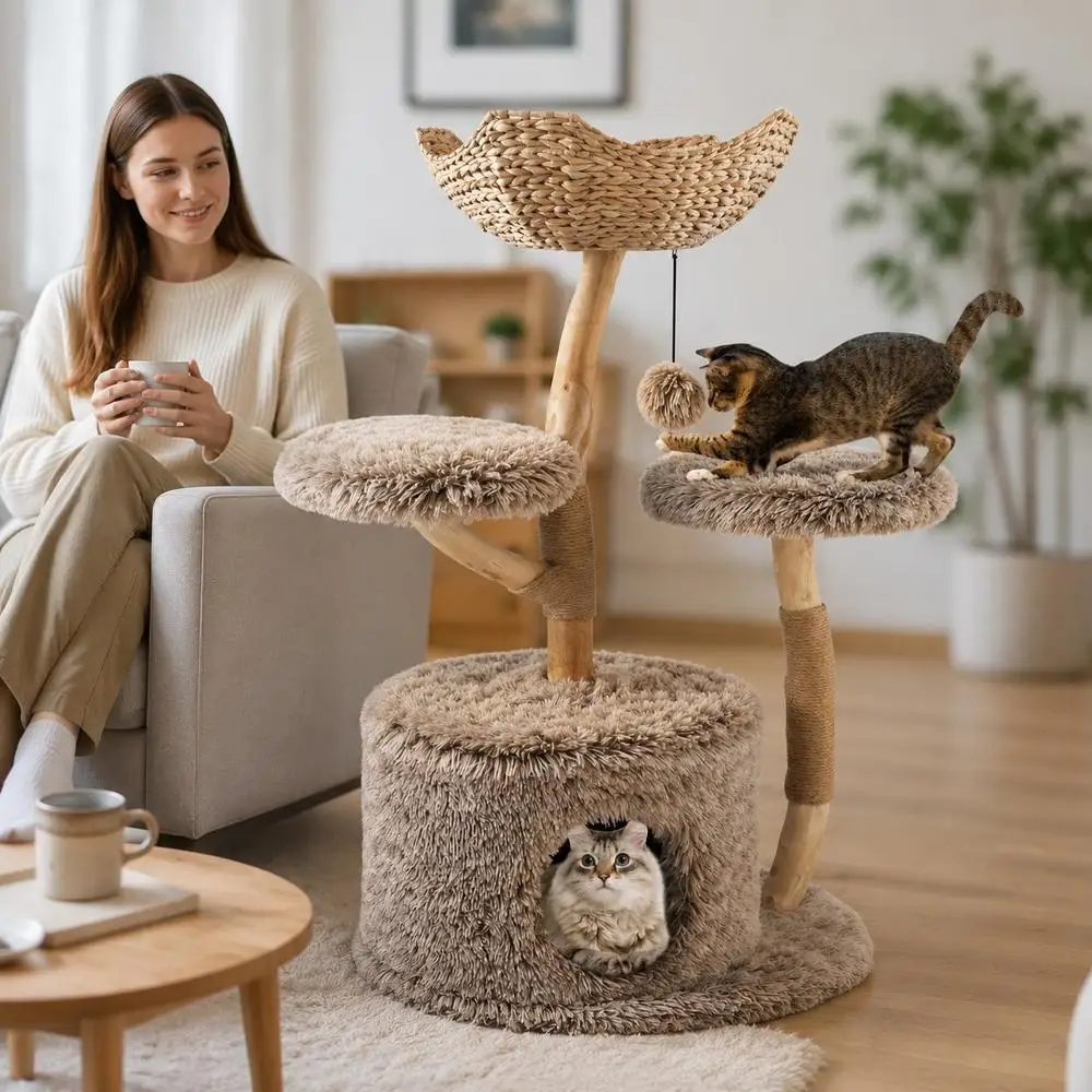 Torre per gatti in legno di betulla naturale con 4 livelli, comodo lettino per coccole in alto, 2 piattaforme per arrampicarsi, colonne per graffiare in sisal, pallina da gioco per peluche, per gatti,
