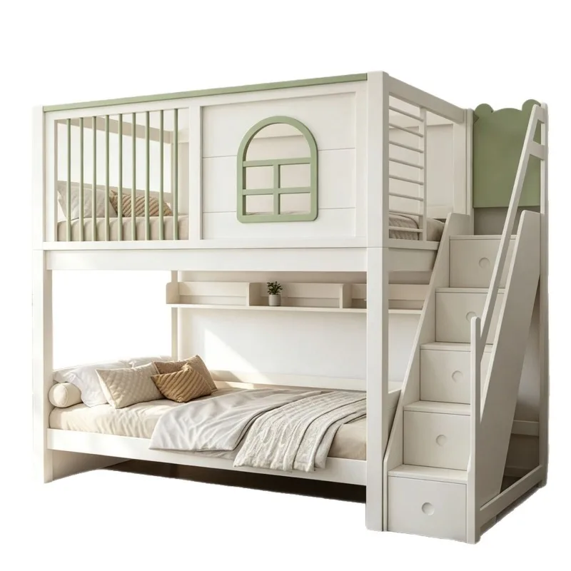 Tree house bed, fresh green and white castle bed, arched window, ladder cabinet with drawers