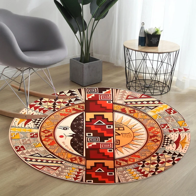 Bohemian Tribal Pattern Round Rug Collection Non Slip Wear Resistant Soft Washable Living Room Bedroom Decor Rug