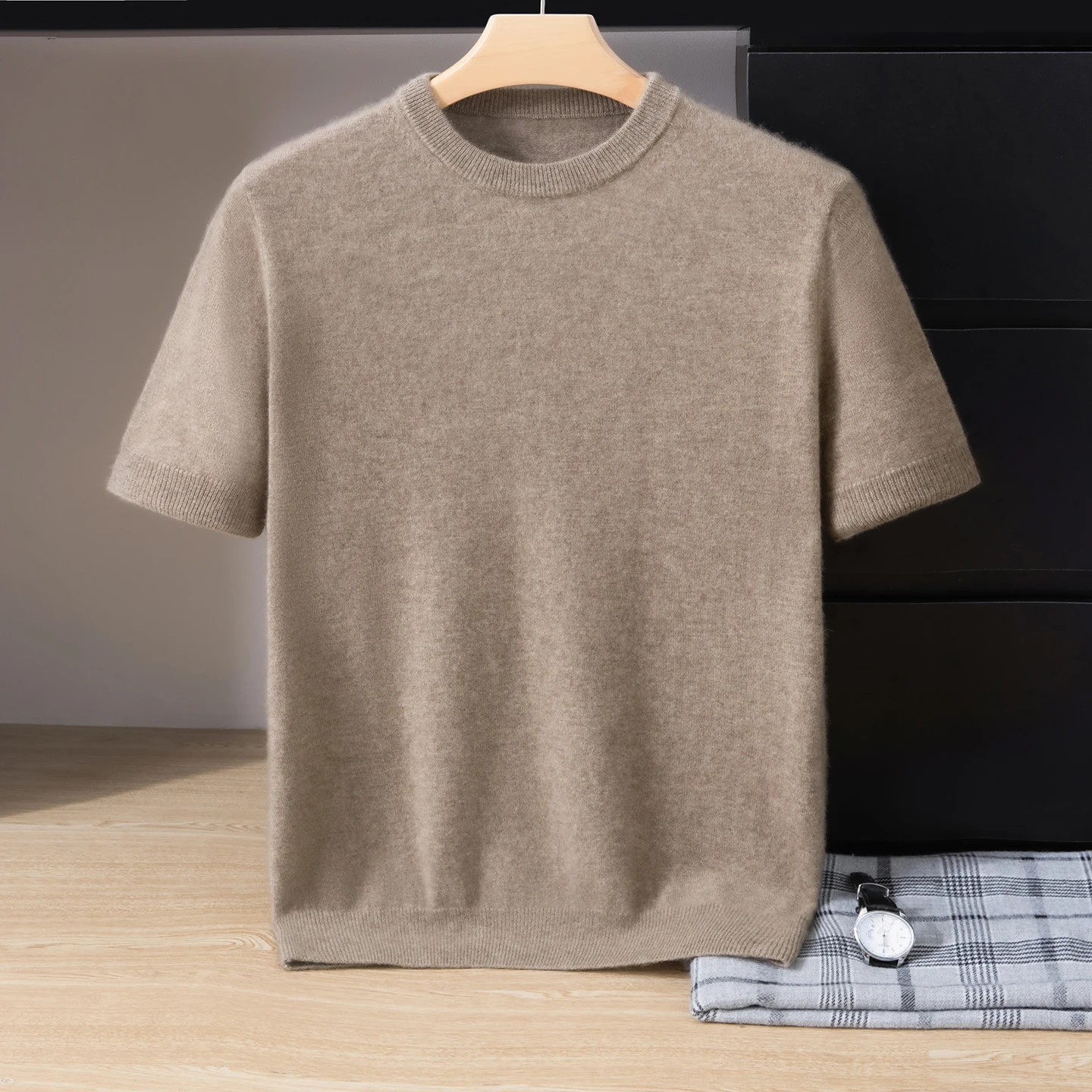 New Spring And Autumn 100% Cashmere Men'S Short-Sleeve Round-Neck Fashion Casual Base Shirt Versatile Knit Pullover