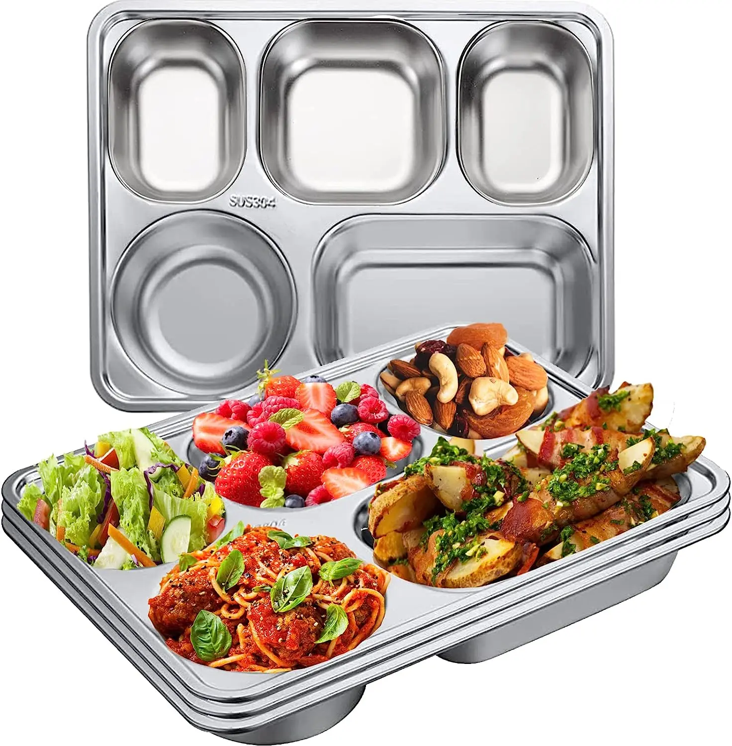 

Stainless Steel Divided Dinner Tray Rectangular 5 Sections Dinner Plates for Adults, Kids, Campers, Diet Food Portion Control