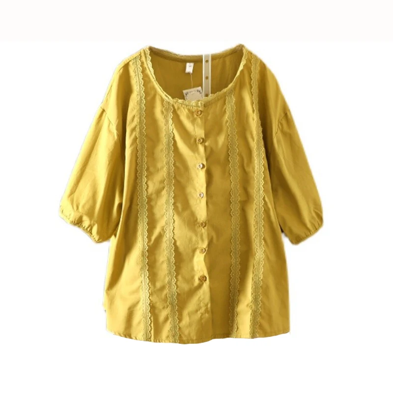 Lace Patchwork Pure Color Flax irt Large Size Women's Faion Bell Sve round Ne Cover Belly Open Cardigan Top
