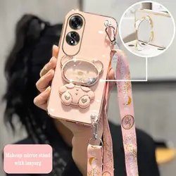 A60 Cute Raccoon Makeup Mirror Plating Phone Holder Case For OPPO A60 A1 A2Pro A2M A3Pro K12X A2 A98 A79 Soft Back Cover