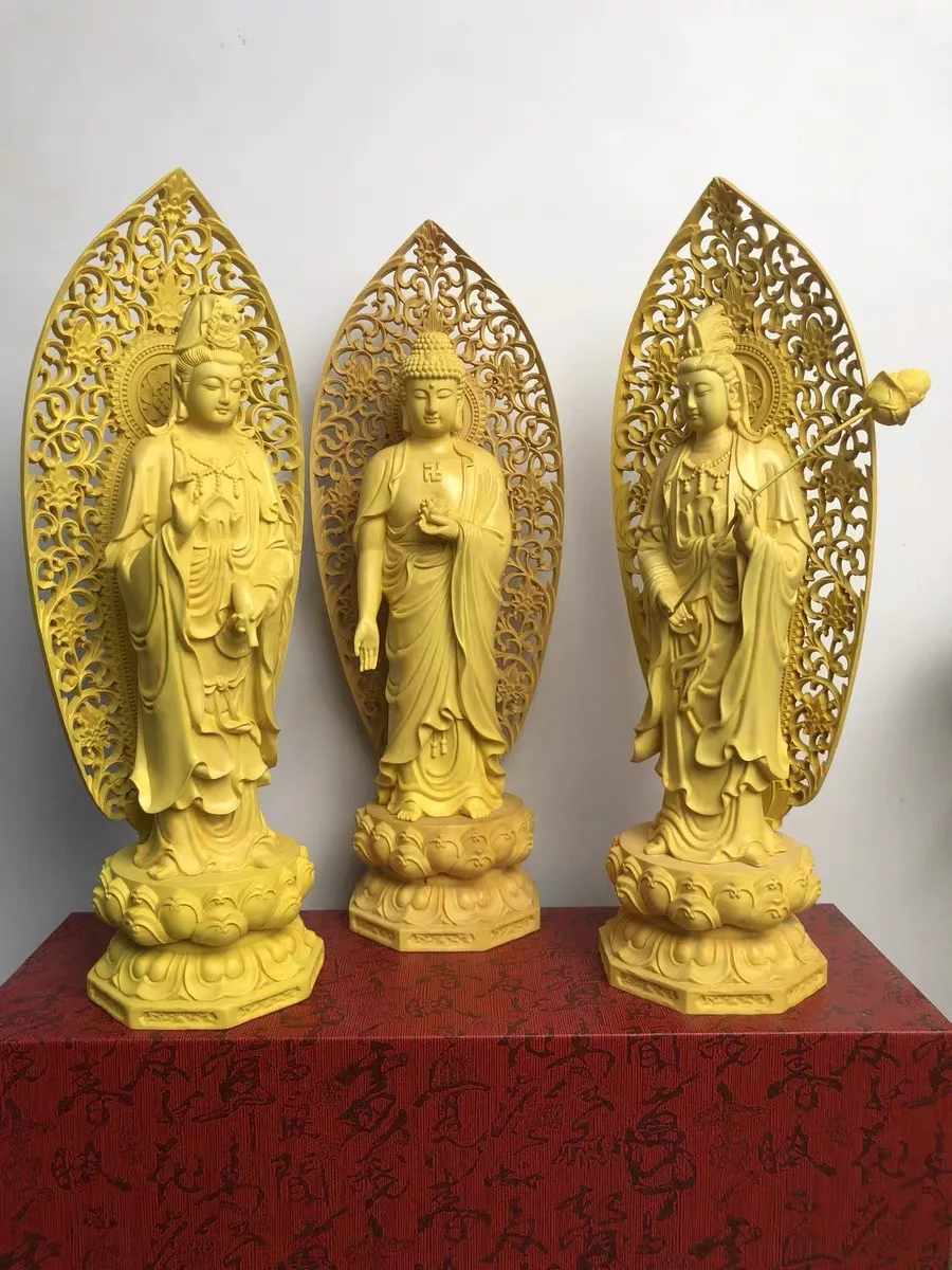 3PCS  High grade wood carving All-powerful Three Sages XI FANG SAN SHENG Buddha statue home Temple efficacious bless Talisman