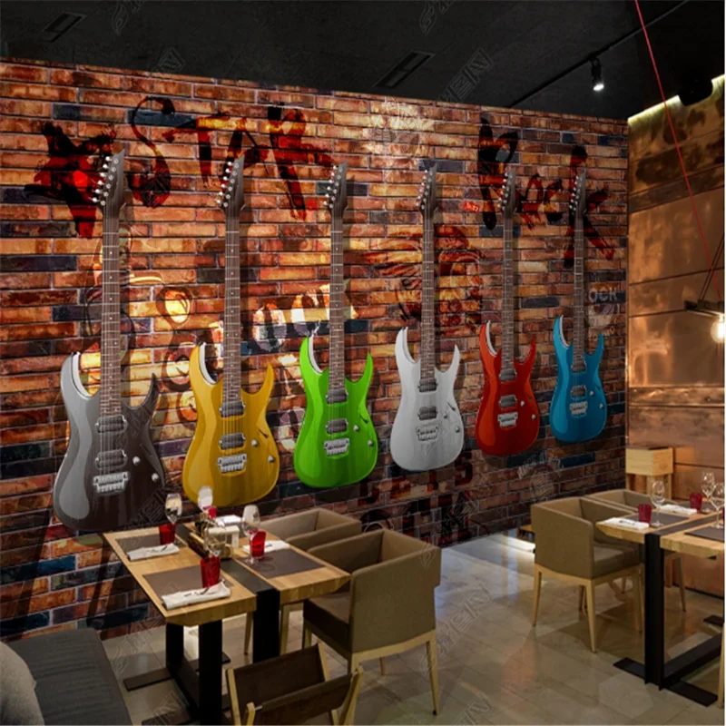 

European and American Retro Electric Guitar Brick Wall Paper Bar KTV Mural Background WallPapers 3D Industrial decoration