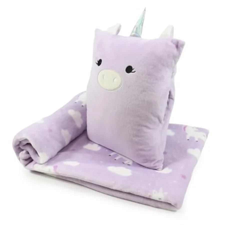 

3-in-1 Travel Pillow and Blanket Set, Snuggle Pillow with Hand Warmer, 40x60 inches Unicorn Blanket for Girls Compact, Perfect