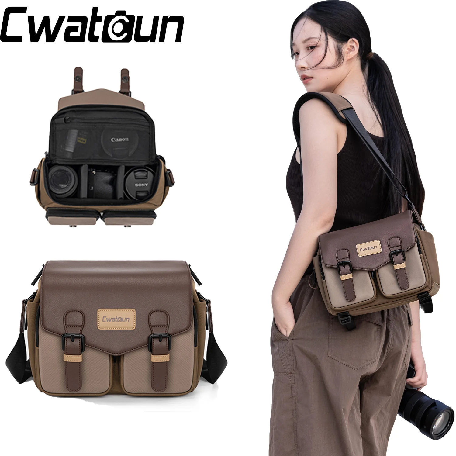 Cwatcun Single-Shoulder Camera Bag Waterproof Retro Shoulder Bag Storage Bag Lightweight Photography Bag