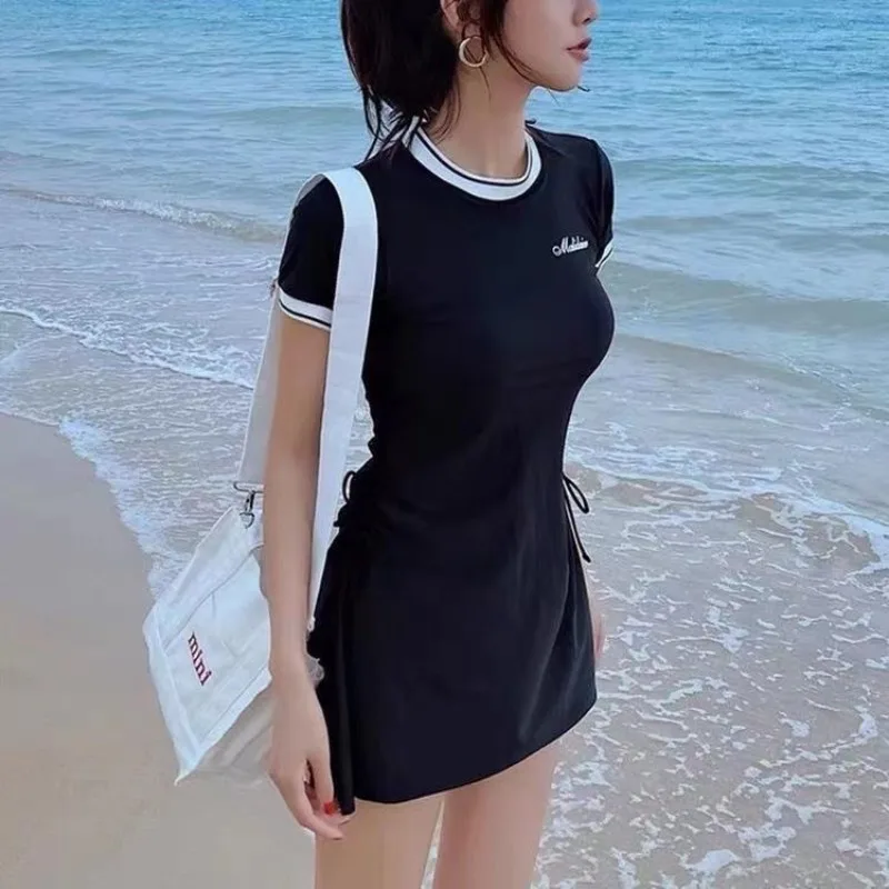 Modest Black Short Sleeve Two Piece Swimsuit Dress with Boyshort Bottom Side Drawstring Tummy Control Swimwear for Beach Pool