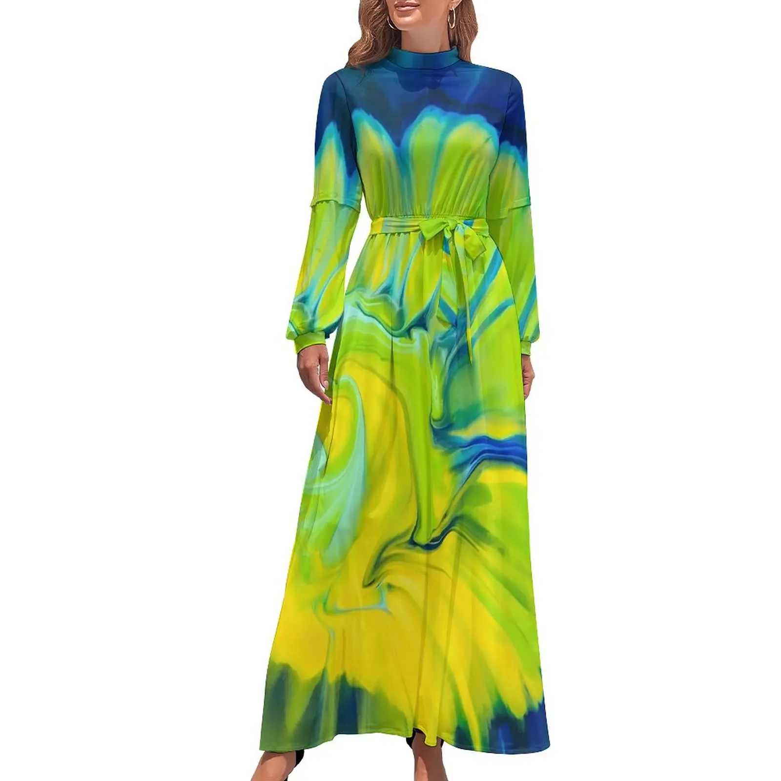 Tie Dye Dress High Waist Blue And Yellow Custom Beach Dresses Long Sleeve Street Style Long Maxi Dress Elegant Vestido