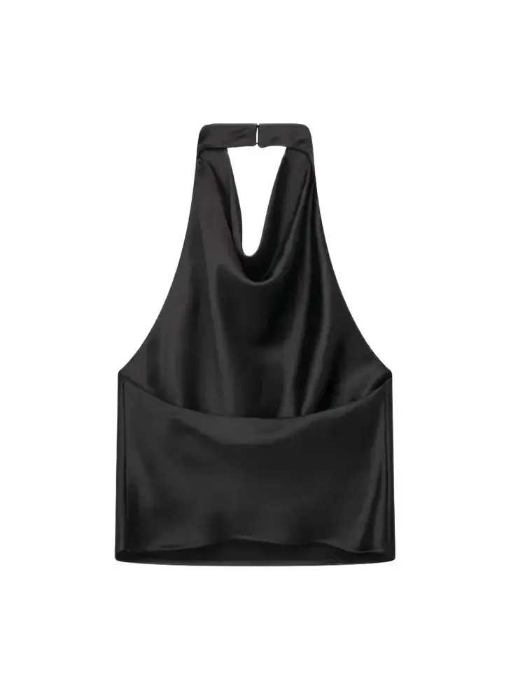 TRZA Women Fashion Satin Flowing Halterneck Tank Tops Sexy Backless With Button Female Camis Mujer image 5