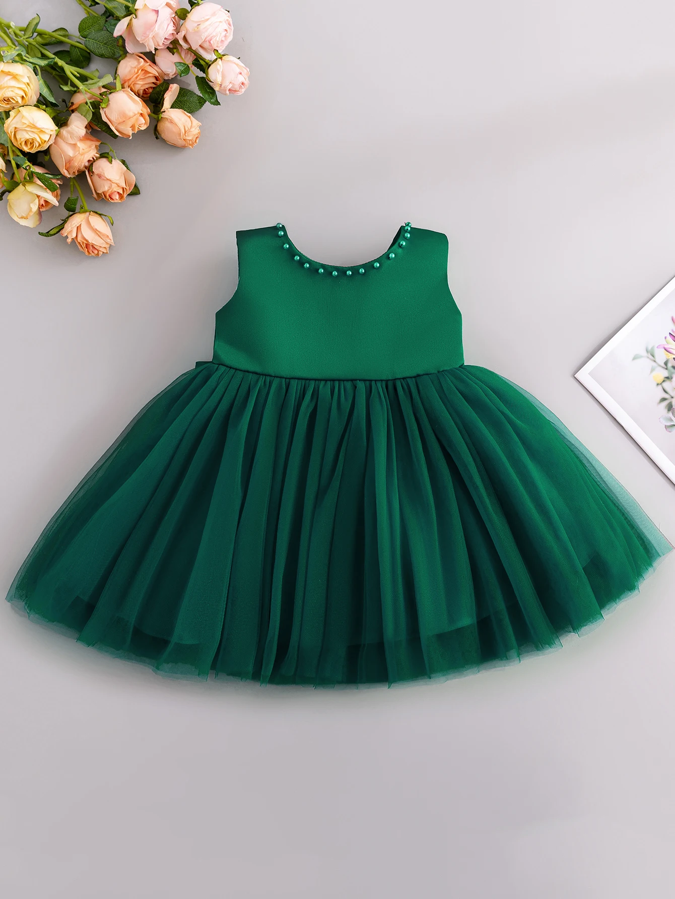 0-2 Baby Girl Summer Dark Green Mesh Splicing Big Bow Dress Children's Dress