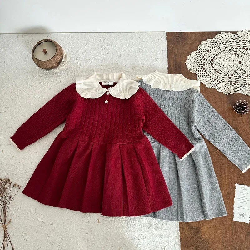 2026 New Spring Children Knitted Clothes Sister Dress 2-7Yrs Baby Girl Party Dress Long Sleeved Splicing Kids Princess Dresses
