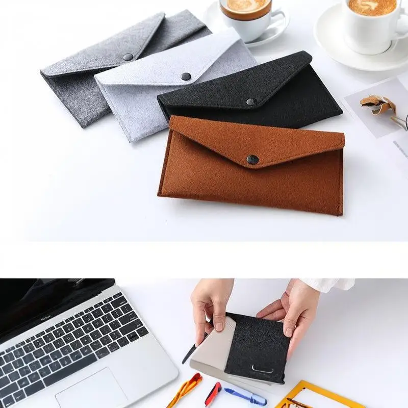 Filztasche für Mobiltelefone im Umschlagstil mit Druckknopfverschluss, weiche, kratzfeste Hülle, unisex, retro, lange, einfache Geldbörse. – Detail 14