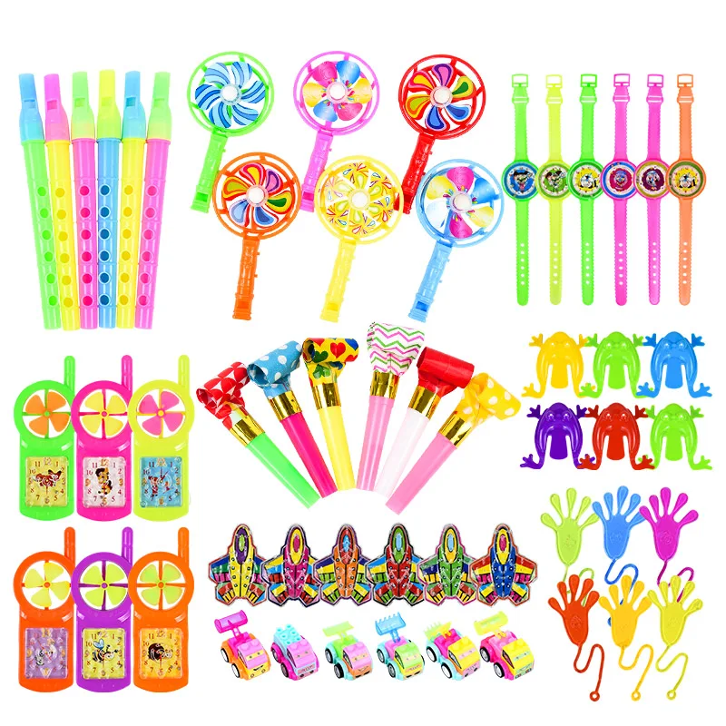 

54pcs Nostalgic Colorful Toys Fans Whistles Mobile Phones Airplanes Cars Watches Model Palms Sticky Music Toy Birthday Gift Pack