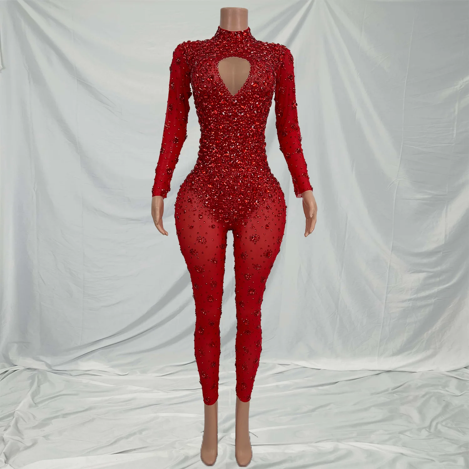 Sexy Rhinestone Mesh See Through Jumpsuit Performance Costume Women Bodycon Club Birthday Party Bodysuit Dance Stage Wear