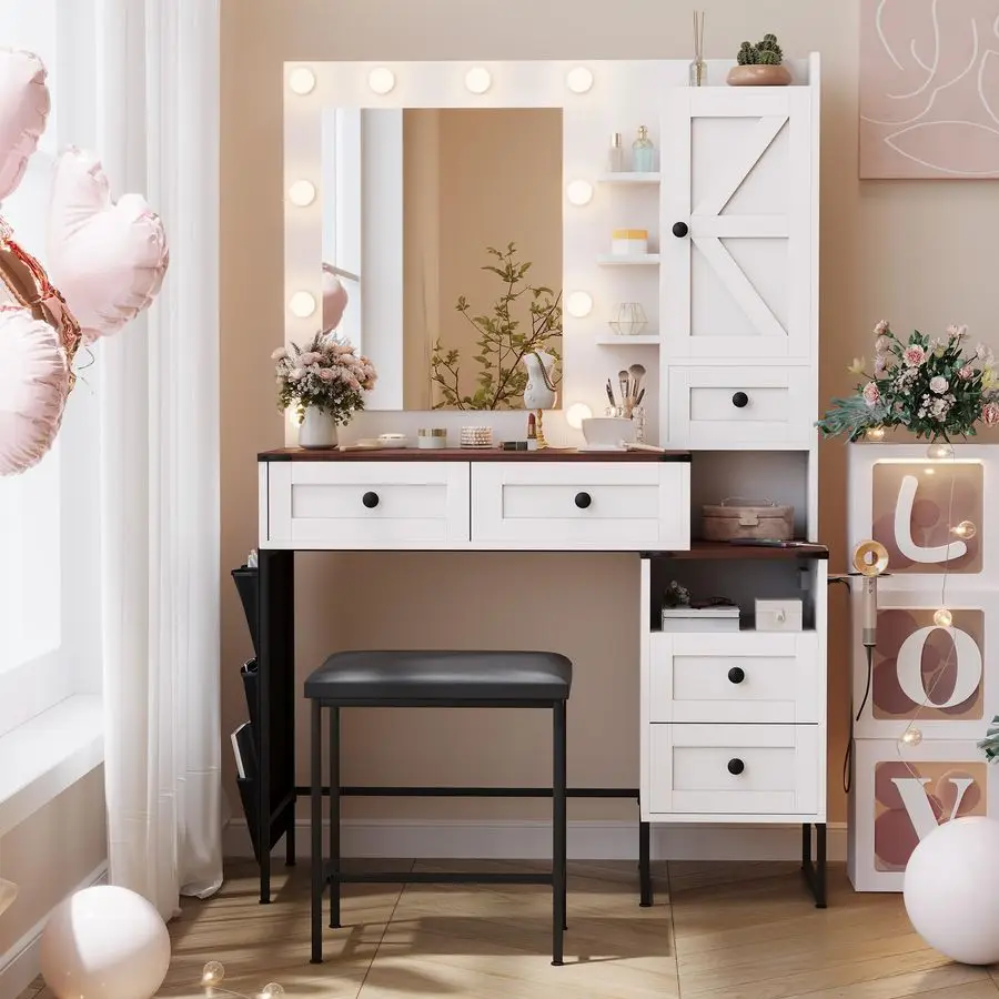 

Farmhouse Vanity Desk with Mirror, 39 W Makeup Vanity Set with with 3Colour Hollywood Brighter Bulbs and Comfortable B