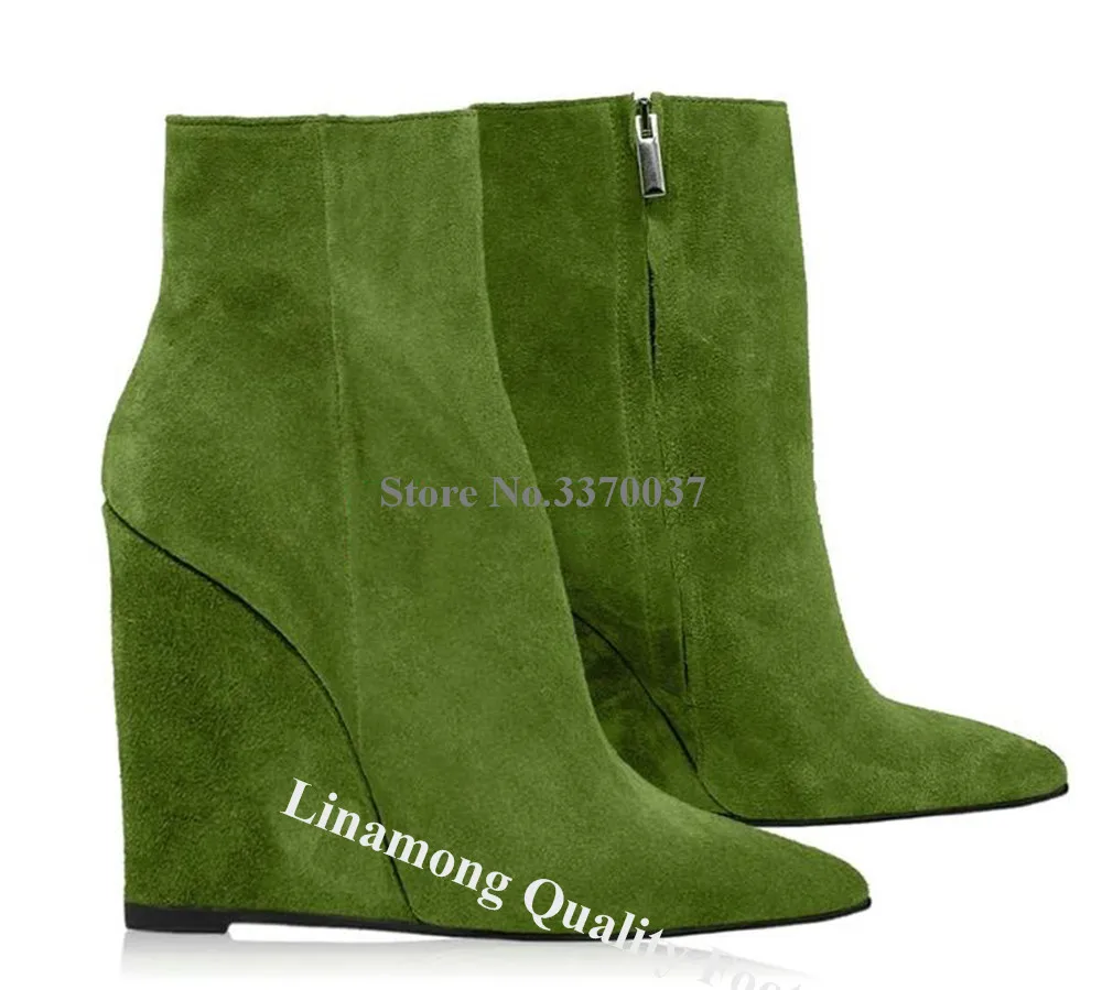 Linamong Elegant Suede Wedge Short Boots Pointed Toe Purple Green Brown Zipper-up Wedge Ankle Booties Big Size Wedges