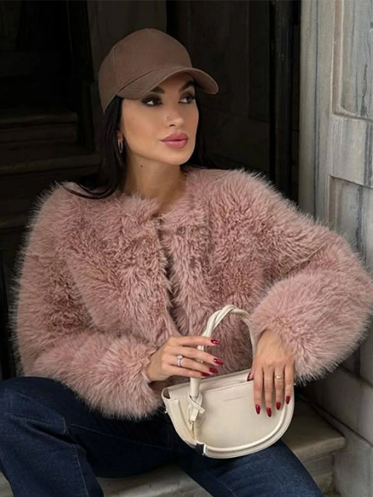 Vintage Solid Faux Fur Short Coat Women Casual Plush O-neck Long Sleeve Coats Female Winter Warm Elegant Daily Simple Outwear