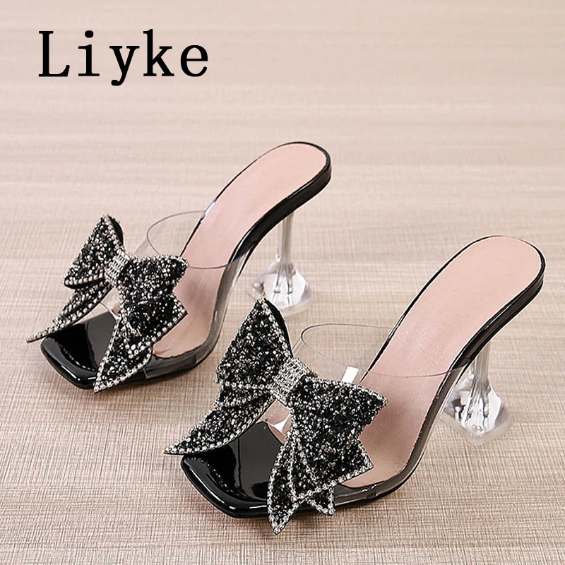 Liyke Fashion Crystal Sequined Bowknot kobiety pantofle sandały dziwny styl transparentne buty na obcasie z wystającym palcem PVC przezroczyste buty