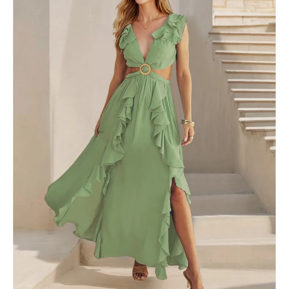 Abito sexy senza schienale slim fit per le donne Nuove vacanze bohémien Scollo a V con volant Patchwork Abito lungo con spacco irregolare Roupas Feminina