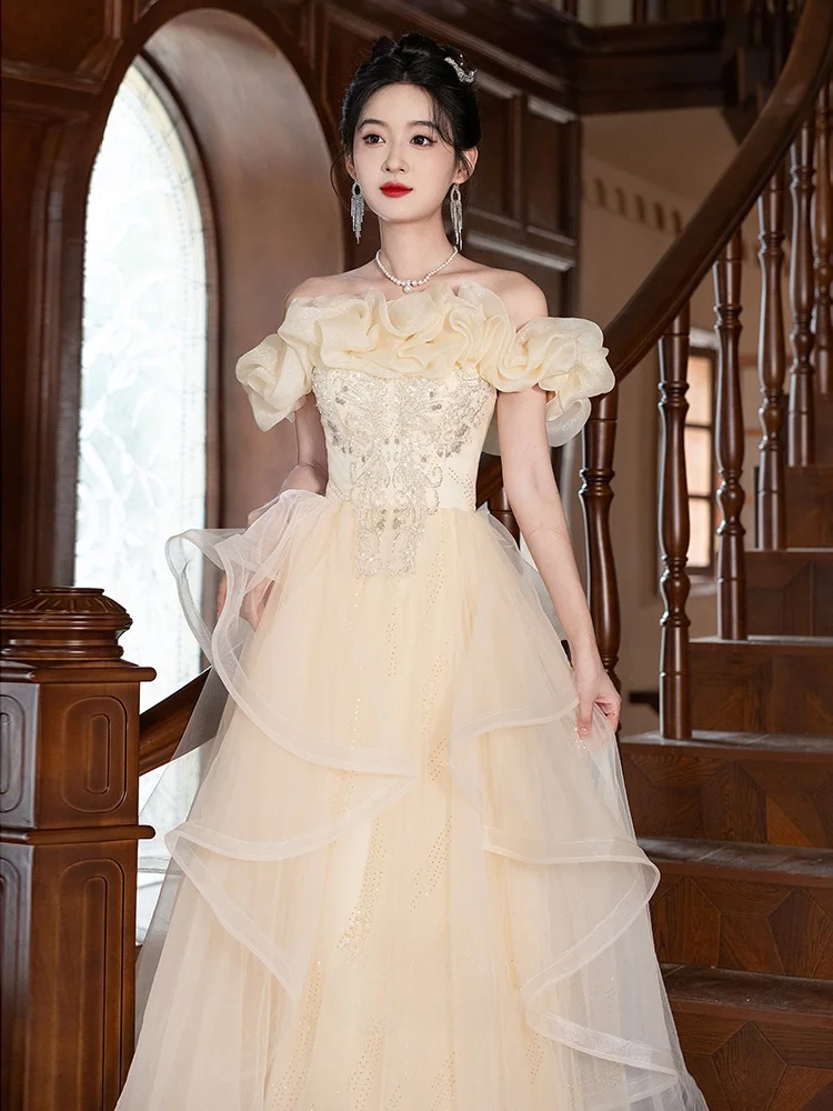 

Ele One-oulder Evening Gown Women's 8th Birthday Adult Ceremony Ball Dr Korean Sle Sequin Mid-Waist Long Dr