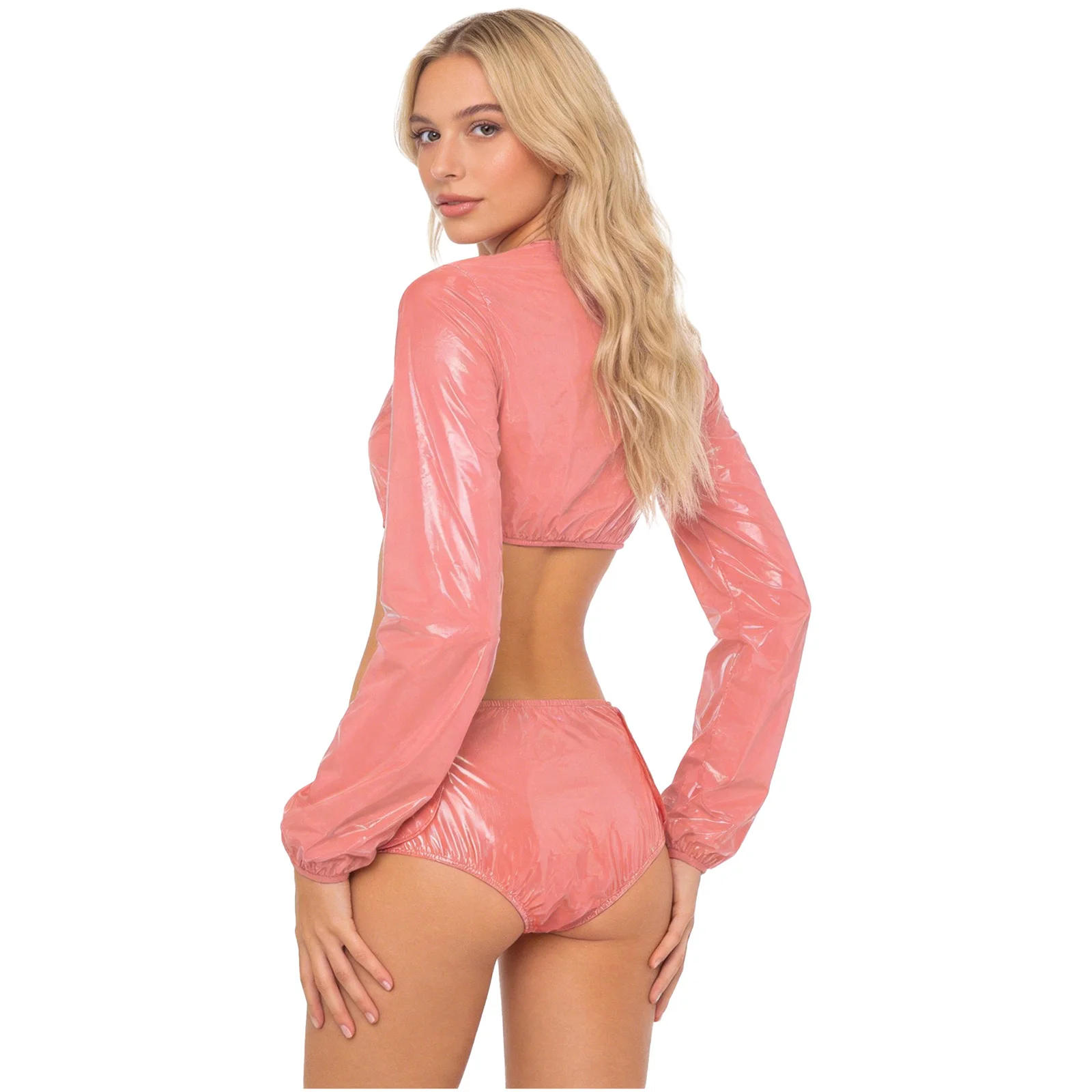 Womens Swimsuit Waterproof Vinyl Long Sleeve Crop Top with Diaper Cover Shorts Briefs Adaptive Clothing Beach Swimwear Clubwear