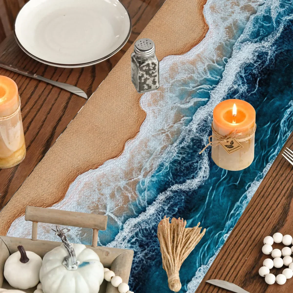 1 Piece Beach Theme Table Runner with Waves and Beach Patterns - Suitable for Home Decoration, Beach Party, Summer Party and Tro