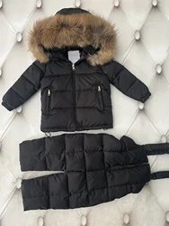 Raccoon fur hood 2024 winter jacket child suit jacket+pant twinset boy & girl ski suits children down jacket outerwear parka