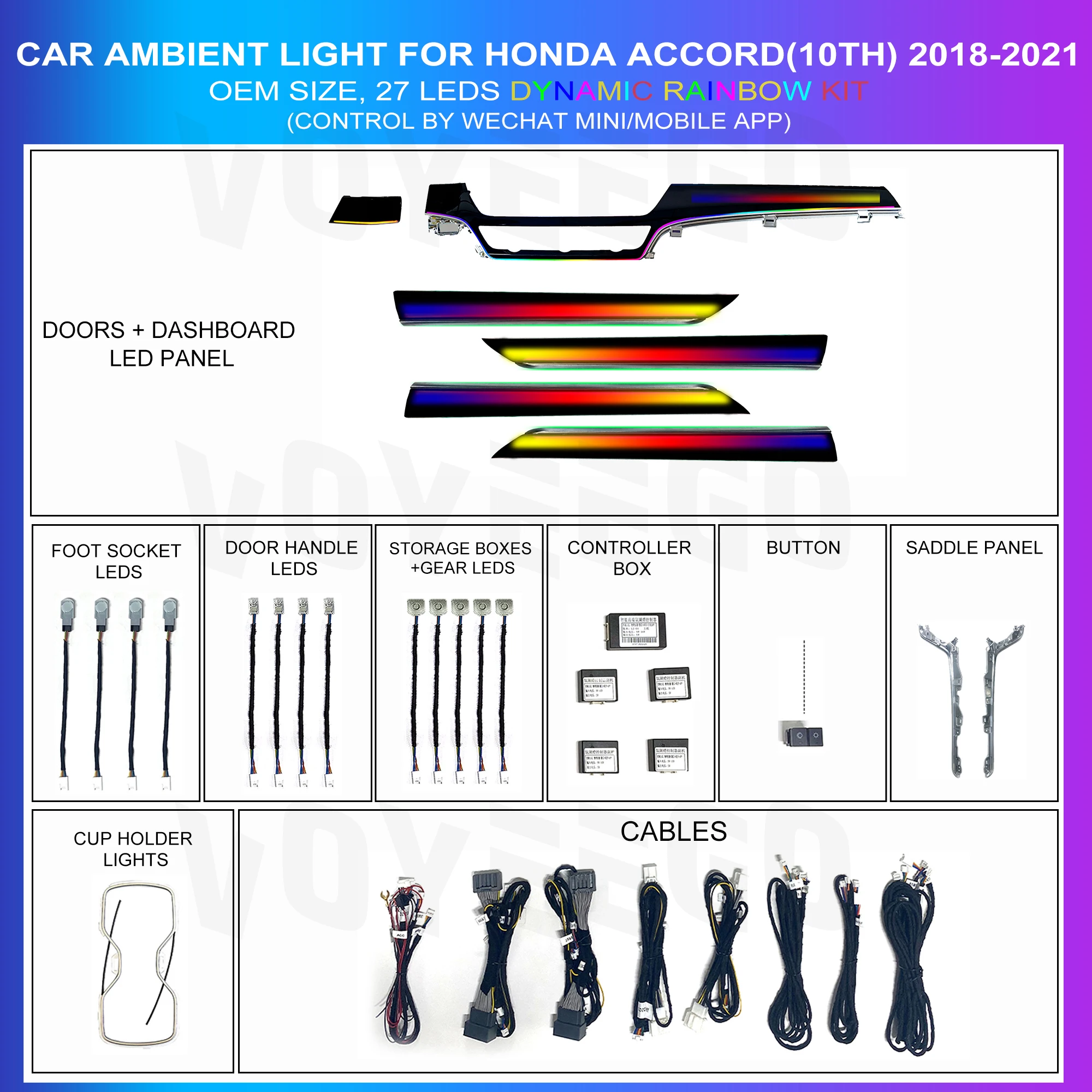 YZG Car Colorful Led Car Ambient Atmosphere Lights Car Interior Light For Honda Accord(10TH) 2018-2021 Dynamic 27 Leds