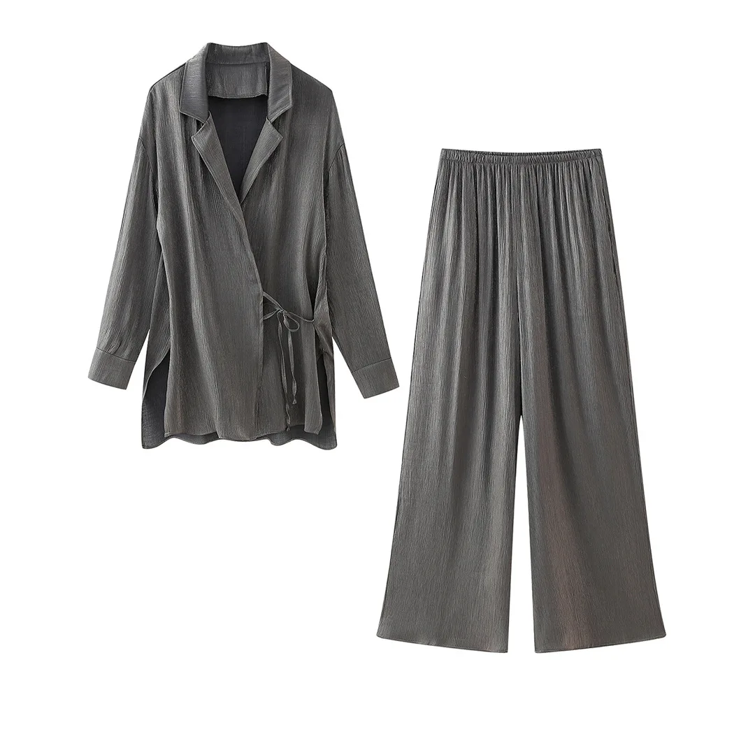 TRAF giacca Kimono allentata in pizzo grigio da donna pantaloni a gamba larga Set di due pezzi pantaloni a vita alta elastici retrò Set 2024 estate