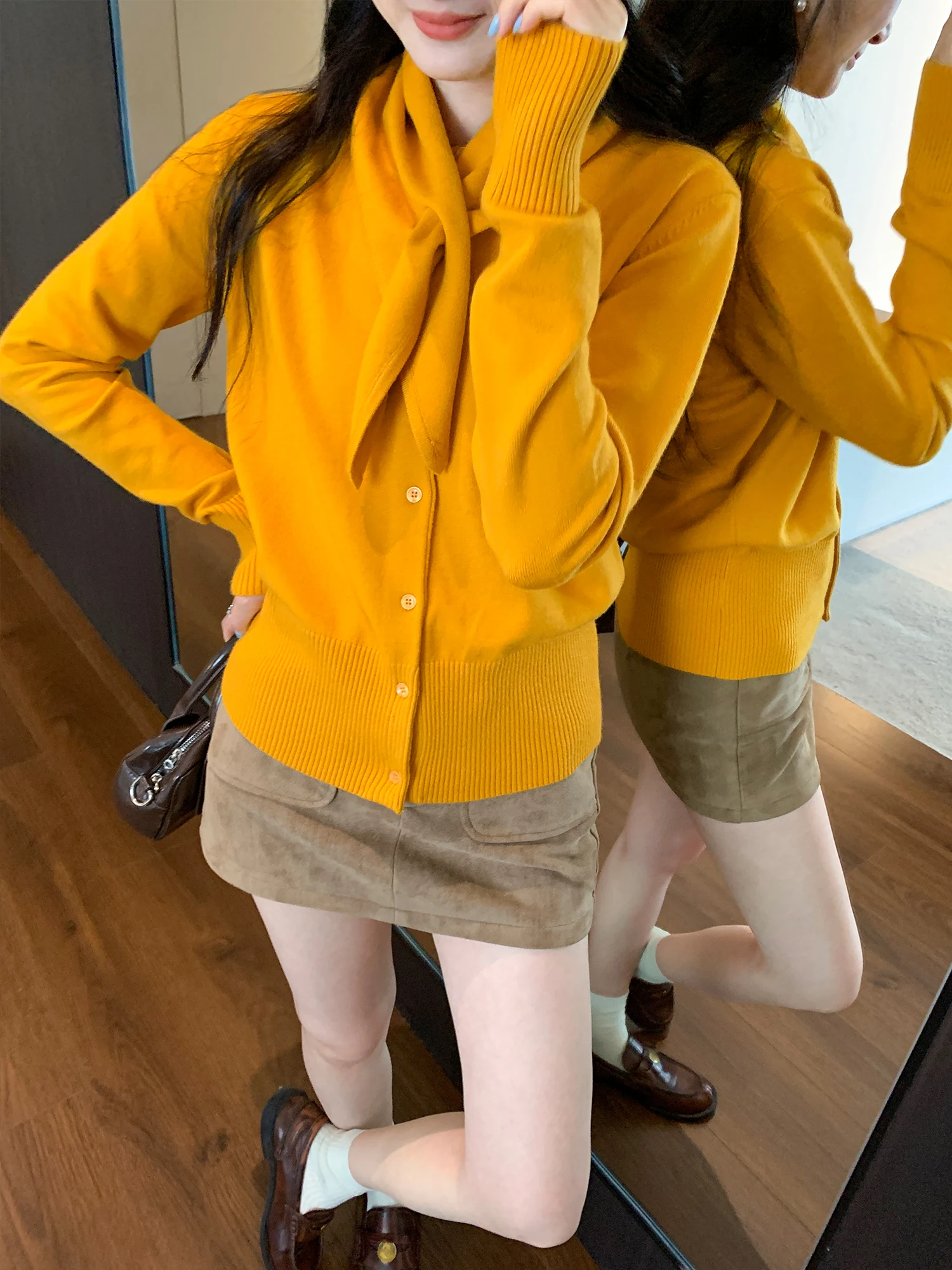 

Beautiful Knitted Scarf Belted Yellow Open Cardigan Sweater Women's Winter Fashion Soft Nylon Polyester Blend Long Sleeve Top