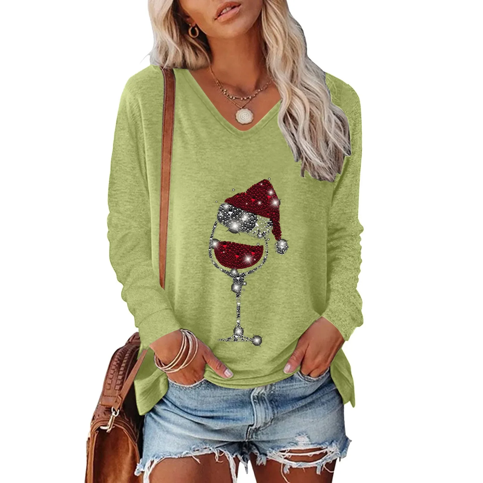 Women Christmas T Shirt Pullover Tshirt V Neck Christmas Hat Wine Glasses Print Long Sleeve Top Casual Female Tops Fashion 2023