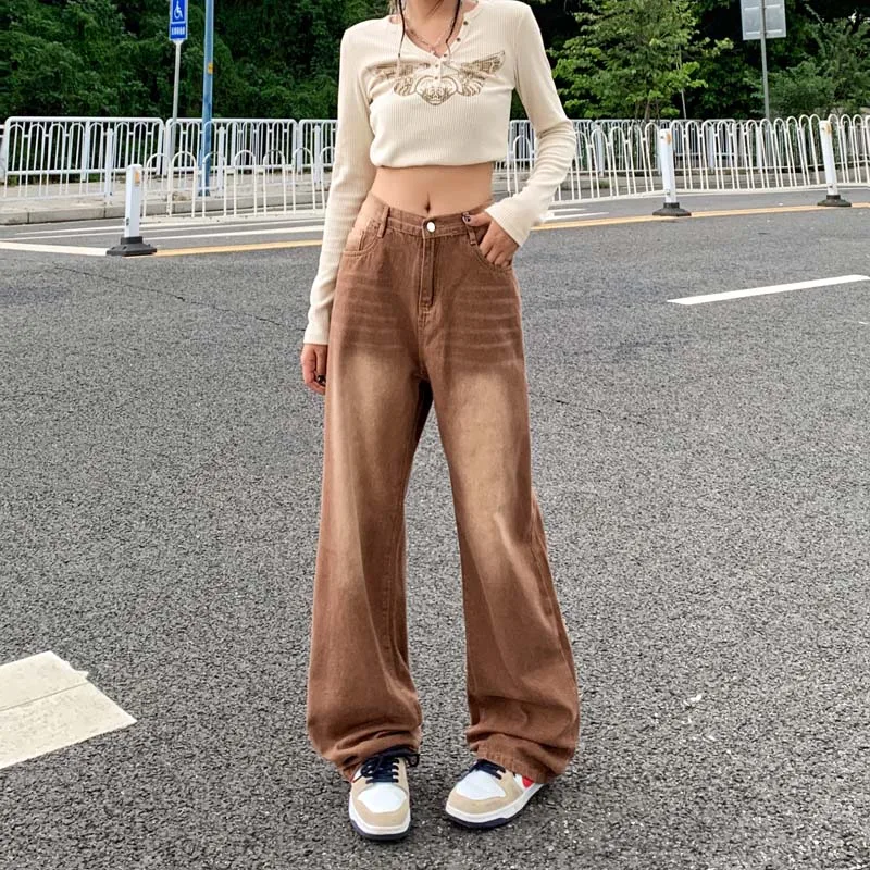 

American Style Oversize Vintage Washed Brown Gradient Jeans High Waist Loose Straight Leg Pants Floor-Length Casual Trousers
