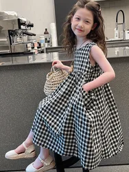 2026 Girls' Dresses Summer New Blue Teen Girls Black Dress Big Girl Size 7 2 3 4 5 6 8 9 10 11 12 Dresses Midi Long With Pockets