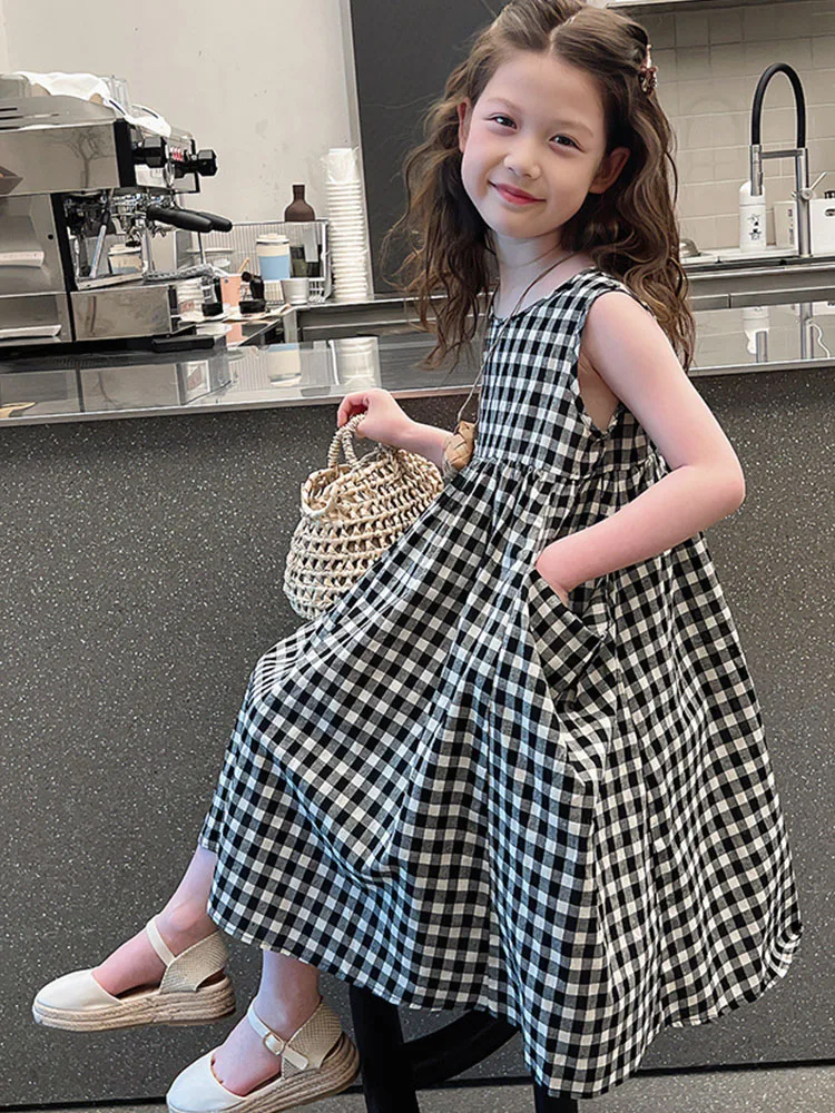 2026 Girls' Dresses Summer New Blue Teen Girls Black Dress Big Girl Size 7 2 3 4 5 6 8 9 10 11 12 Dresses Midi Long With Pockets