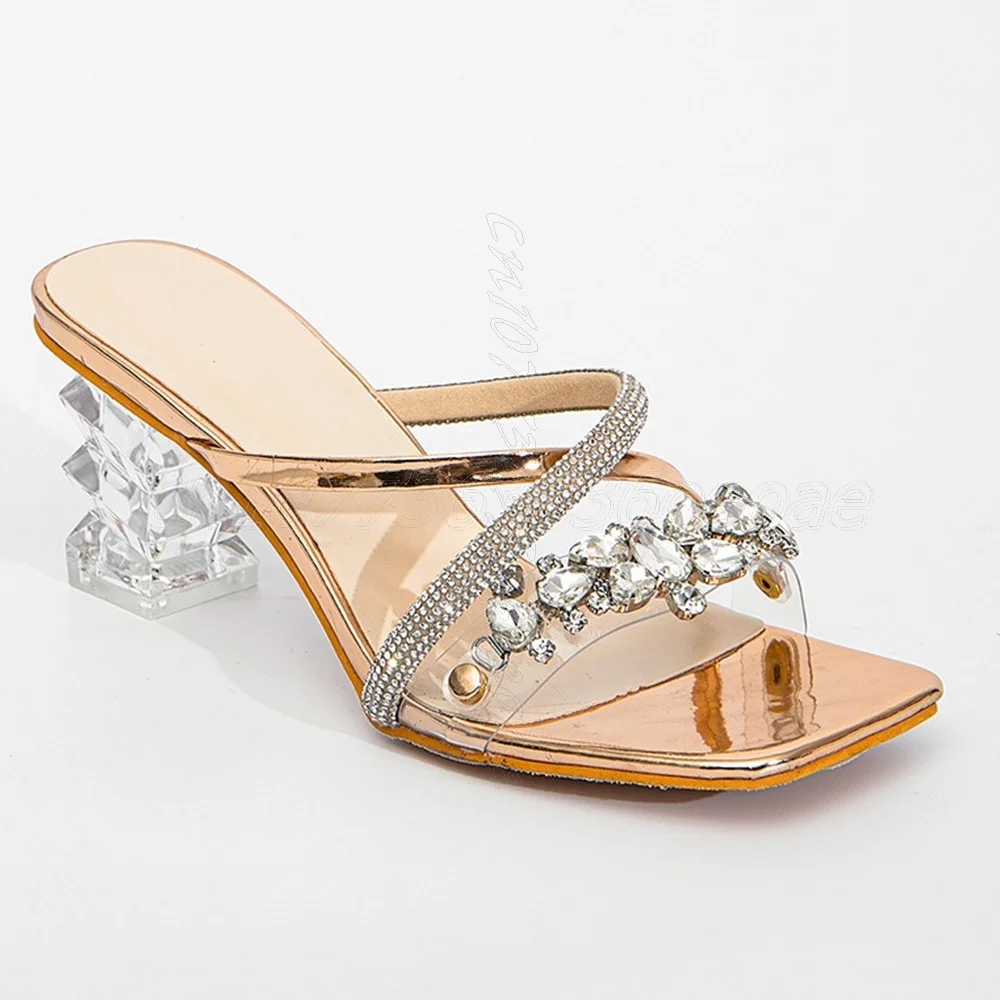 透明PVスクエアトゥスリッパクリスタルデコゴールデンシューズレディースシューズ透明チャンキーヒール2025 Zapatos Para Mujere