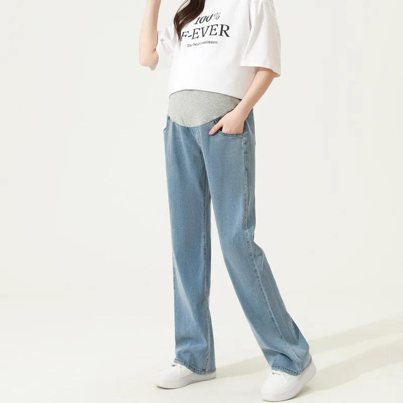 Maternity Pants Summer Outside Wear Thin Section Tencel High Elasticity Jeans Wide-legged Dragging Pants Casual Maternity Wear