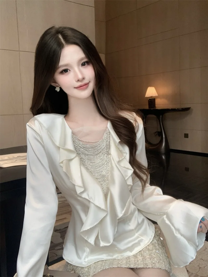 

Early Spring Light Beige Satin Shirt Women's Slim Fit Long Sleeve Bell Sleeve Shirt Pure Desire Design Versatile Slimming Top