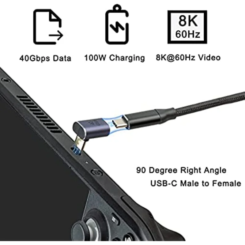 90 Degree Right Angle USB C Male Adapter to USB C Female Adapter With 40 Gbps PD 100W 8K@60Hz Video Compatible For Steam Deck