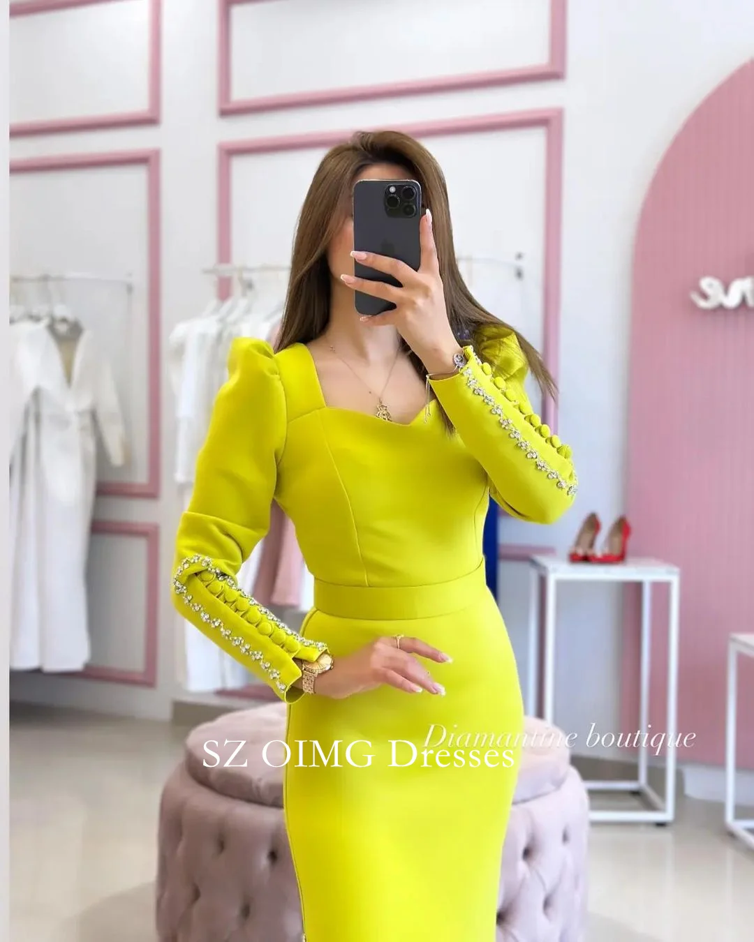 OIMG Fitted Bodice Crepe Satin Side Slit Dress Fashion V-Neck Rhinestones Mermaid Wedding Party Gowns For Women 2024 Customized
