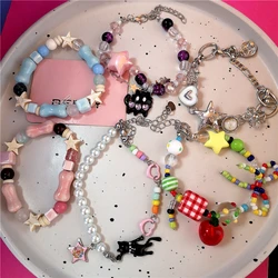 Goth Aesthetic Black Cat Star Love Ceramic Acrylic Colorful Beaded Chain Bracelet Girl 2000s EMO Charm Jewelry Y2K Accessories